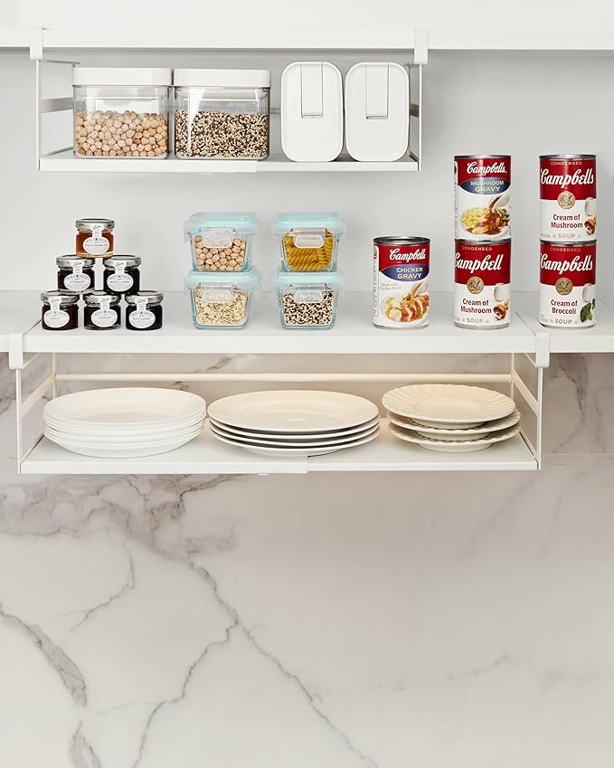 Under Shelf Storage Basket, 2 Pack Hanging Baskets Under Cabinet Shelf Organizer, Expandable Add-On Space Saver Pantry Kitchen Bookshelf Cupboard Slide-in White Heavy-Duty