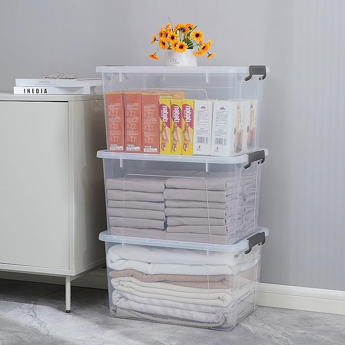 Citylife 44.4 QT Plastic Storage Bins with Latching Lids Stackable Storage Containers for Organizing Large Clear Storage Box for Garage, Closet