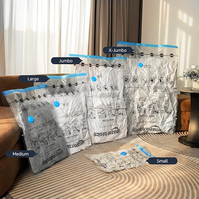 Amazon Basics Vacuum Storage Bags with Hand Pump for Travel, 3 Large & 3 Jumbo)