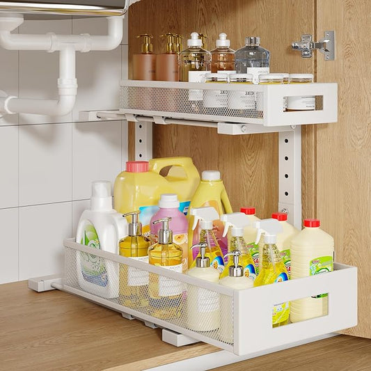 1 Pack 17IN Depth Under Sink Storage Organizer, Large 2-Tier Elegant Mesh Pull Out Shelf for Kitchen and Bathroom Cabinet Organization