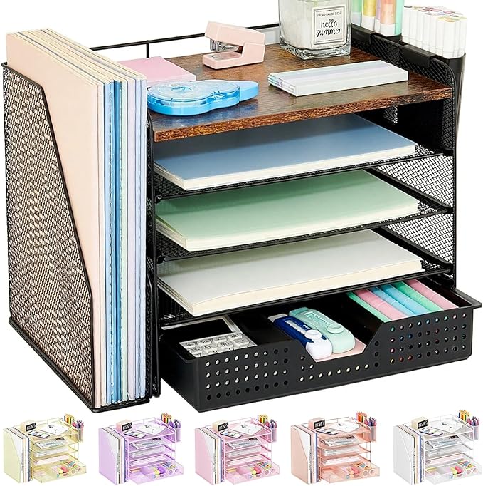 Desk Organizer, 5-Tier Paper File Organizer with Drawer & Pen Holder, Brown Wood