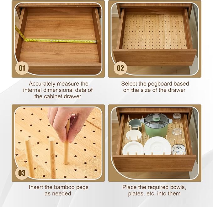 Kigley 3 Pcs Bamboo Wood Pegboard Drawer Organizer with 32 Pegs Wooden Peg Board Drawer Shelf Organizer Adjustable Peg System for Dishes Plate Pot Container Cookware Utensil Kitchen