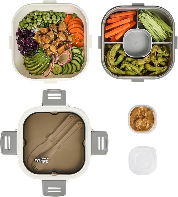 Restaurantware-Bento Tek 57.5 Ounce Bento Box, 1 Reusable Lunch Container - With Fork And Knife, Does Not Contain BPA, White And Gray Plastic Reusable Lunch Box, Microwavable, Dishwashable