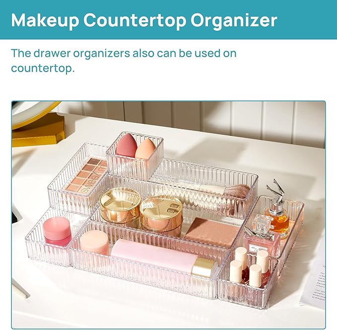 Vtopmart 7 PCS Clear Drawer Organizers Bins, 4-Size Stackable Makeup and Vanity Drawer Organizer Trays, Acrylic Bathroom Drawer Storage Containers for Cosmetic, Office Supply, Kitchen Utensils Gadgets