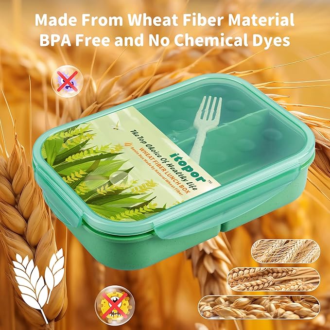 Itopor Wheat Straw Bento Box Adult Leak-Proof Lunch Box with Fork, 3-Compartment Lunch Containers for Adults & Teens, BPA-Free