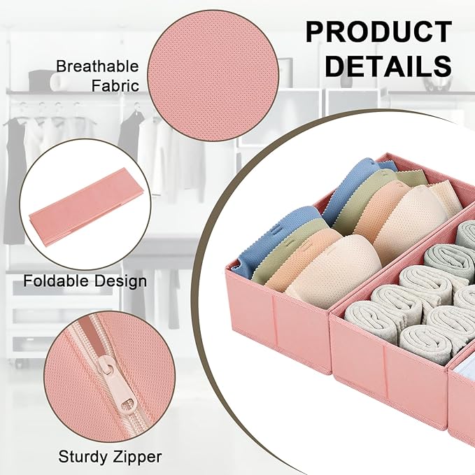 DIMJ Fabric Drawer Organizer Bins - 12 Pack Foldable Sock & Clothes Organizer - Pink