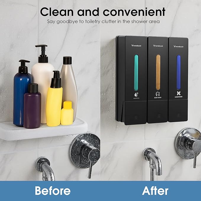 Shampoo and Conditioner Dispenser,Shower Dispenser 3 Chamber No Drill,Shower Soap Dispenser Wall Mounted for Bathroom Hotel with Upgrade Pump Head,3 * 400ml(Black 3 Chamber)