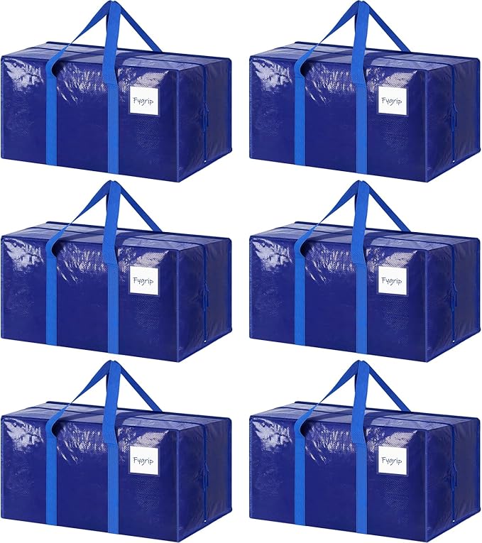 6 Pack Extra Heavy Duty Large Moving Bags with Strong Zipper & Comfortable, Blue