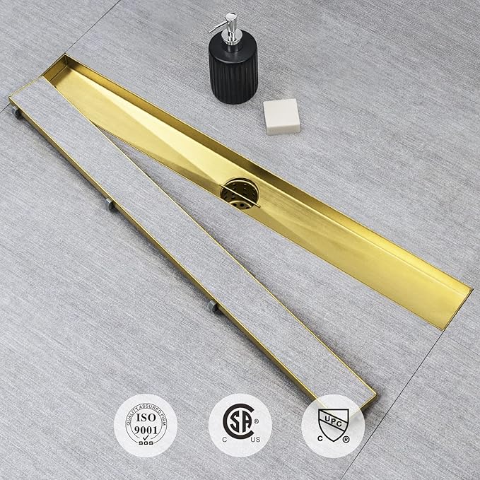 SaniteModar Linear Shower Drain, Gold Shower Drain 54 inch with Invisible 2 in 1 Tile Insert Panel