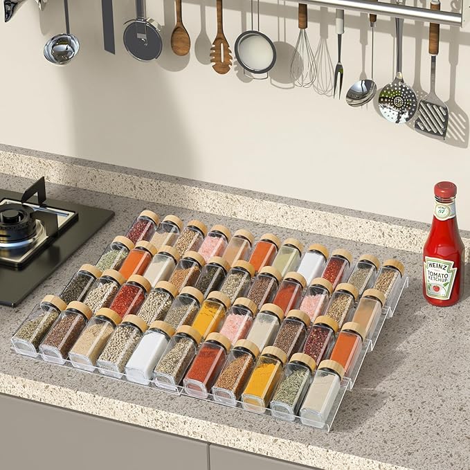 Suneerplay Spice Drawer Organizer 4 Tier, Acrylic Seasoning Organizer Rack, Clear Spice Rack Tray, Kitchen Seasoning Jars Drawers Insert (Jars Not Included/Expandable From 9" to 18")