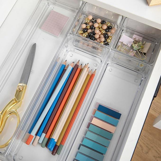 Martha Stewart Miles Plastic Stackable Office Desk Drawer Organizers, Set of 6