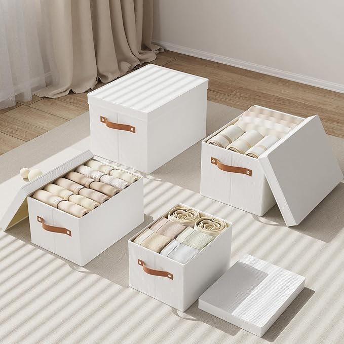 Foldable Storage Bin, 10.2×7.8×6.7 Inch Storage Box with Lid, Closet Organizer for Organizing with Handles, White, 1-Pack