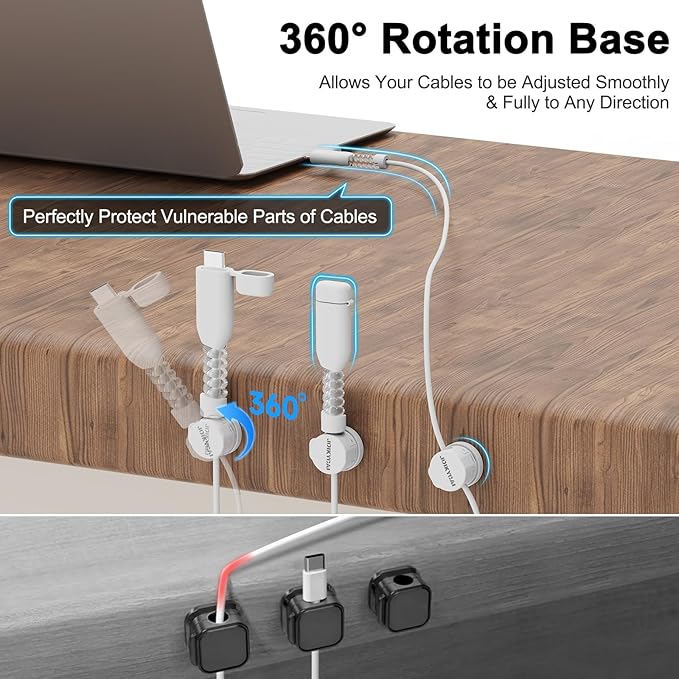 6 Magnetic Spring Cable Clip Rotatable Cord Holder Desktop Cord Organizer 2 Charging Cord Protectors for Nightstand Phone Charger Organizer Computer Desk Cable Management Appliance Adhesive Wire Strap
