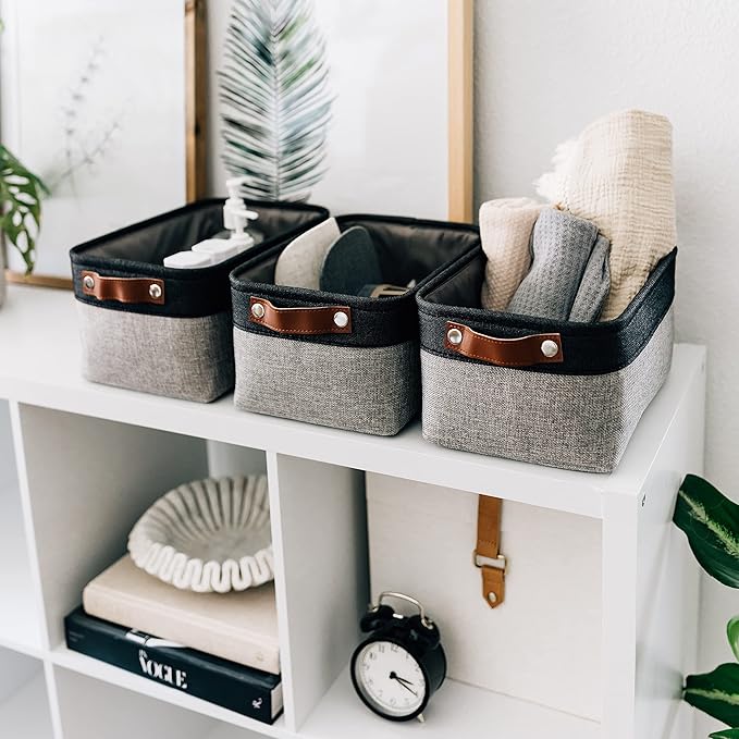 Small Fabric Storage Baskets 3 Pack, Gray/Black
