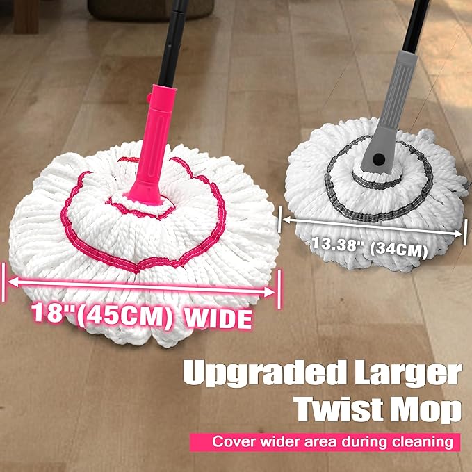 Self Wringing Twist Mop for Floor Cleaning, Upgraded 18-inch Wide Microfiber Mops, 55 Inches Long Handle Wet Dry Kitchen Easy Squeeze String Mop for Wood, Hardwood, Tile, Marble (red)