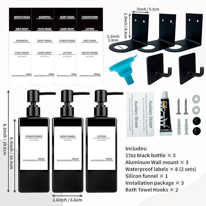 Shampoo Dispenser for Shower Wall, Shampoo and Conditioner Dispenser with 16 Waterproof Labels, No Drill Shower Soap Dispenser Bathroom, Shower Soap Dispenser Wall Mounted 3 Chamber, 17oz,Black