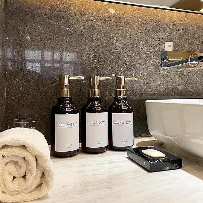 Shampoo Dispenser for Shower Wall, Shampoo and Conditioner Dispenser with 16 Waterproof Labels, No Drill Shower Soap Dispenser Bathroom, Shower Soap Dispenser Wall Mounted,17oz, 3 Pack, Gold Amber