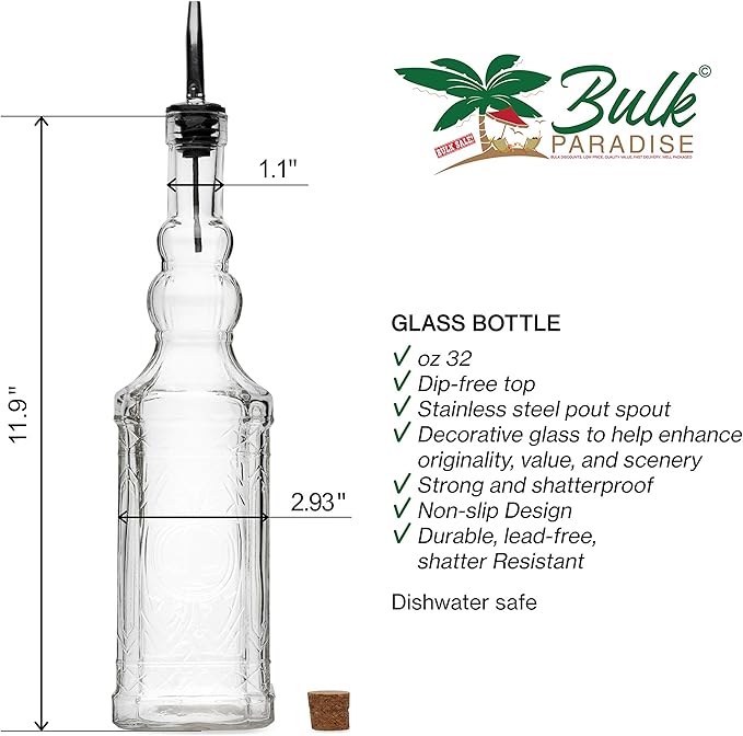 BULK PARADISE Large Clear Decorative Glass Bottle with Spout and Cork, 32oz, 1 Bottle - Design: COGNAC (3in X 11.9in)