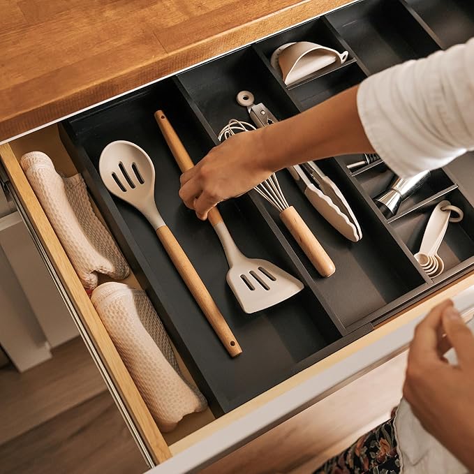 KitchenEdge Adjustable Kitchen Drawer Organizer for Utensils and Junk, Food-Safe Contract Grade with 100% Sustainable Wood