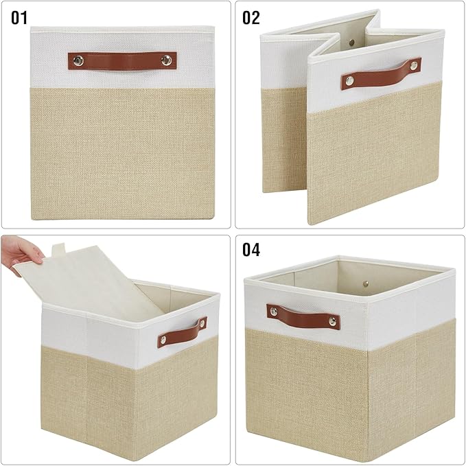 Bagnizer Collapsible Fabric Storage Cube Bins with 2 Reinforced PU Handles, Foldable Storage Organizer Baskets for Closet, Shelves, Living Room | 11"x11"x11", 4 Pack, Beige & White