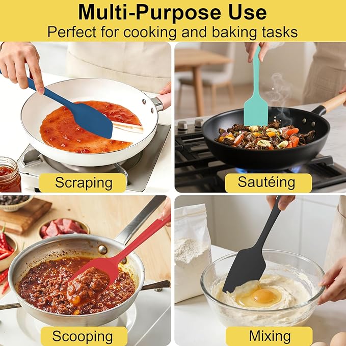 4 Pack Silicone Spatulas, 11.4 In, High Heat Resistant, BPA Free Rubber Spoon Spatula Set for Cooking, Baking, Mixing, Flexible Kitchen Utensils for Nonstick Cookware, Seamless (Multicolor)