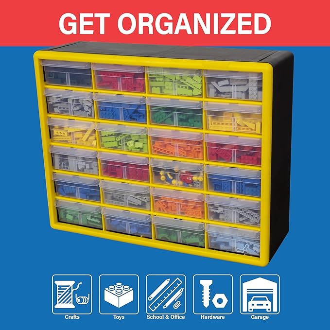 Akro-Mils 24-Drawer Plastic Drawer Storage Cabinet for Garage Organization, Bead Organizer, Building Bricks Storage, Teacher Toolbox, Makeup Organizer, 20" W x 6" D x 16" H, 10124 Yellow