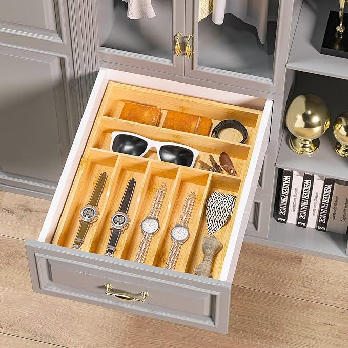 Flatware Organizer Silverware Drawer Organizer - 7 Slots Bamboo Cutlery Tray Multipurpose kitchen Drawer Organizer for Silverware, Utensils, Cutlery, Flatware, Knives W13”x L17” (Yellow)