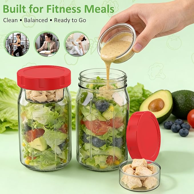 4Pack Glass Salad Jars with Lids, 32oz Salads Mason Jars with Wet/Dry Separation Cup, Meal Prep Salad Containers for Lunch