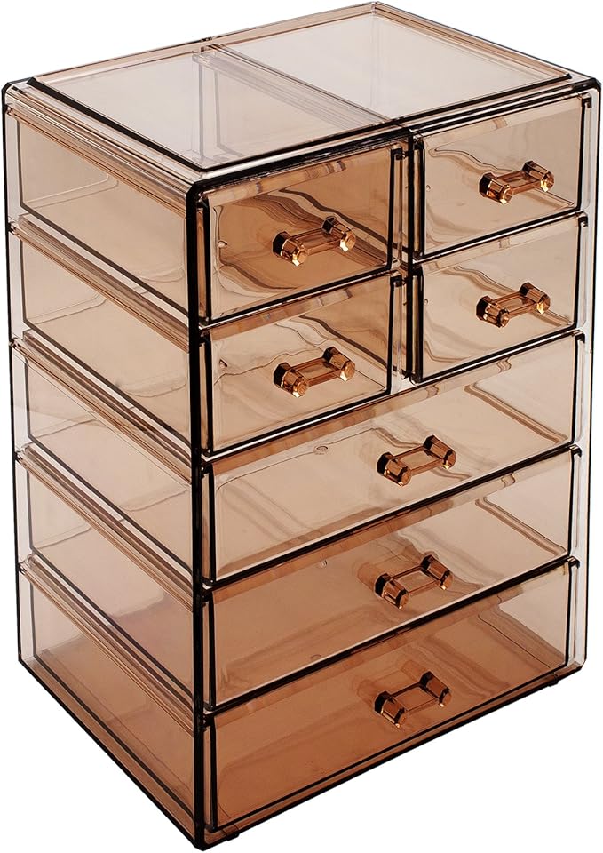 Sorbus Acrylic Makeup Organizer Set, 7-Drawer Vanity & Countertop Cosmetic Storage with Small & Wide Drawers, Bronze Glow Makeup Storage for Brushes