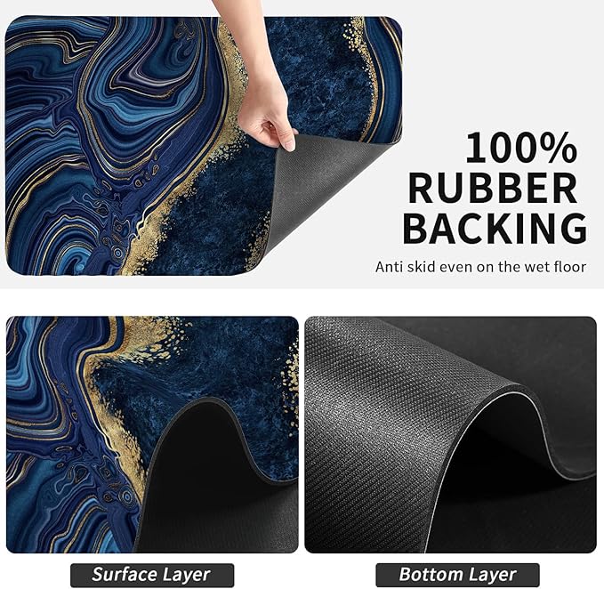 Dish Drying Mat for Kitchen Counter, Blue Marble and Golden Veins Washable Absorbent Quick Dry Pad with Rubber Backing, Draining Mat for Dishes Coffee Table, 12" x 20"