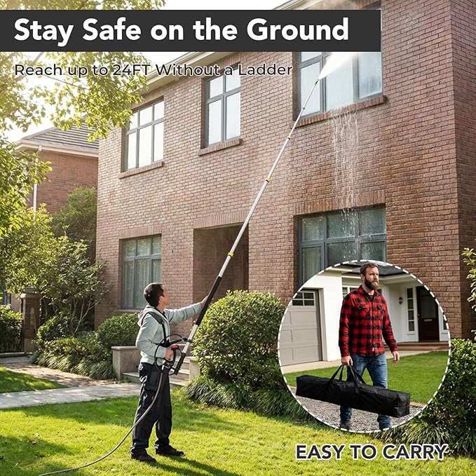 24 FT Telescoping Pressure Washer Wand with 4 Dusters for House Cleaning, 4500PSI Gutter Cleaning Tools with 3 Pcs Curve Wands & Adjustable Support Belt & 7 Pcs Nozzles