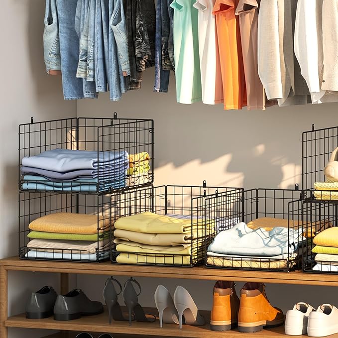 4 Pack Closet Organizers and Storage Shelves for Clothes, 4 Tier Stackable Closet Storage Basket Bin Container for Clothing Sweater Jean, Narrow, Foldable, Sturdy Metal System Organizer Shelf