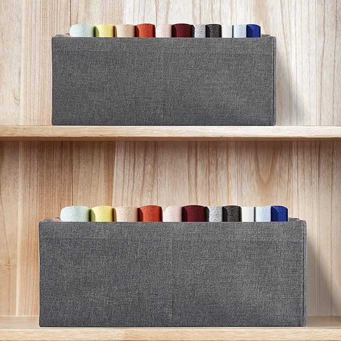 Fabric Storage Bin Box Foldable Cotton Linen Storage Basket with Wooden Handles Rectangular Cube Decorative Home Laundry Organizer Clothes Blanket Container – Gray, Large