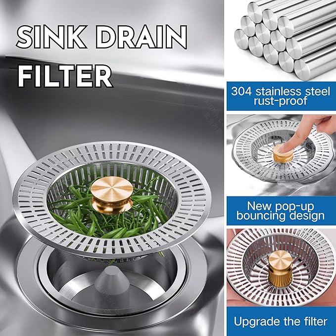Kitchen Sink Stopper and Drain Strainer, Universal Kitchen Sink Drain Stopper Combo, Stainless Steel Anti-Clog Kitchen Drain Strainer (Yellow