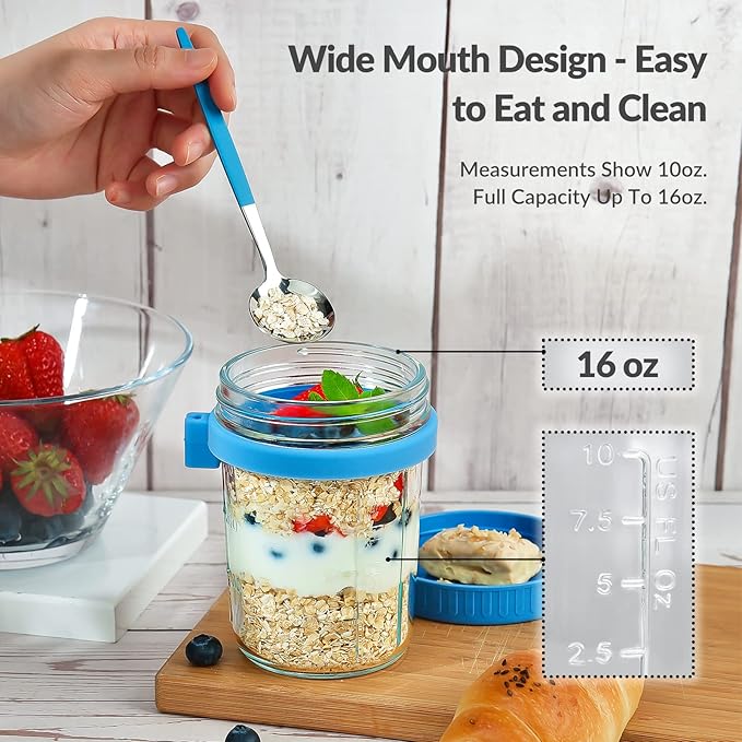 DRKIO 4 Pack 16oz Glass Oats Containers w/Lids - Overnight Oats Prep