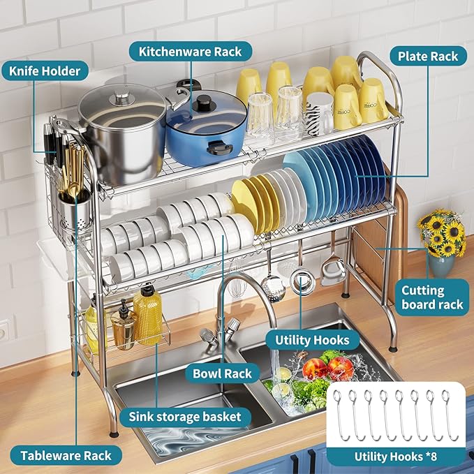 HOWDIA Stainless Steel 2-Tier Over The Sink Dish Drying Rack with Utensil Holder, Large, for Kitchen Counter