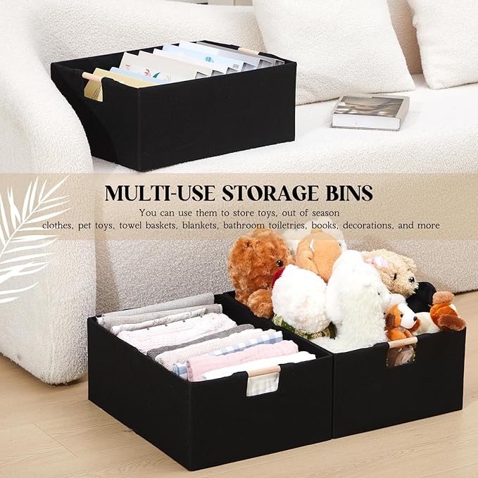 3 Pack Fabric Storage Bins for Closet Shelves, Black,16.5 x 12.2 x 6.7 Inch