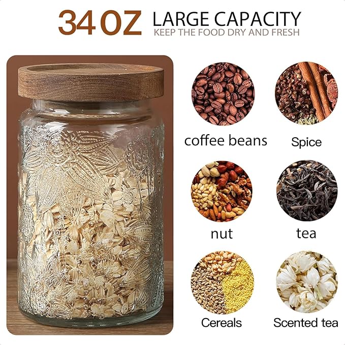 34 OZ Airtight Glass Storage Jar with Bamboo Lid - Vintage Glass Jar Vintage Food Containers Canisters Set for Kitchen Counter & Pantry - Ideal for Sugar, Flour, Coffee, Tea, Candy, Oats, Cereal