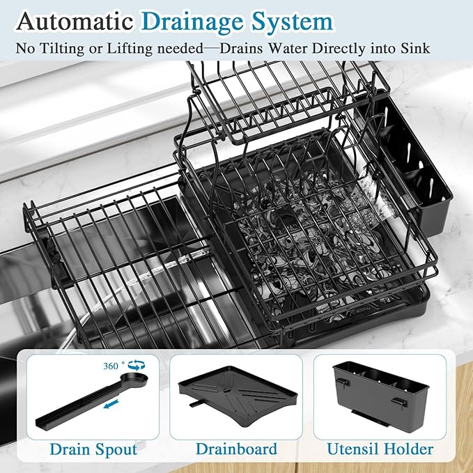 2 Tier Dish Drying Rack, Large Extendable Dish Racks for Kitchen Counter or Over Sink, Dishrack with Drainboard, 2-in-1 Anti-Rust Stainless Steel Dish Drainer with Utensil Holder & Cup Holder (Black)