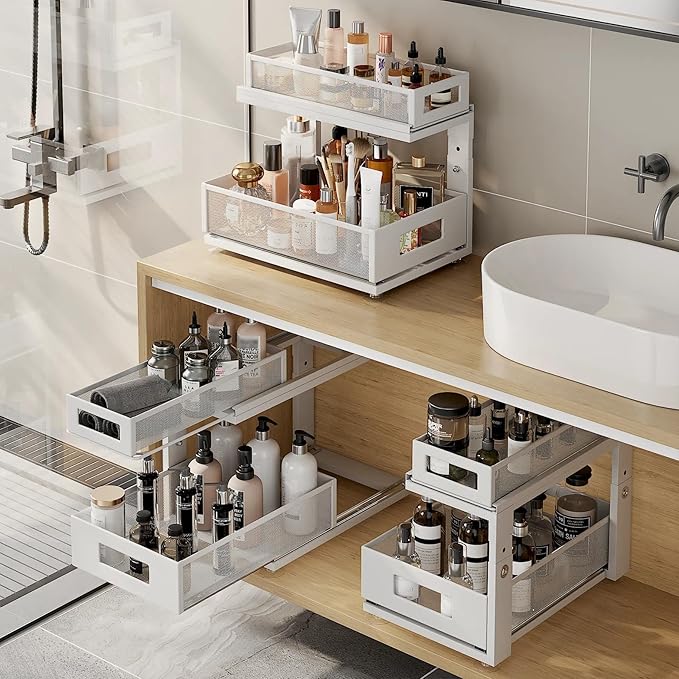 1 Pack 15.74IN-Depth Under Sink Organizer with Next-Gen Ball-Bearing Slides,2-Tier Pull Out Cabinet Storage,Height Adjustable Drawer Shelf for Bathroom,Kitchen,Laundry,Cabinet,Pantry-White