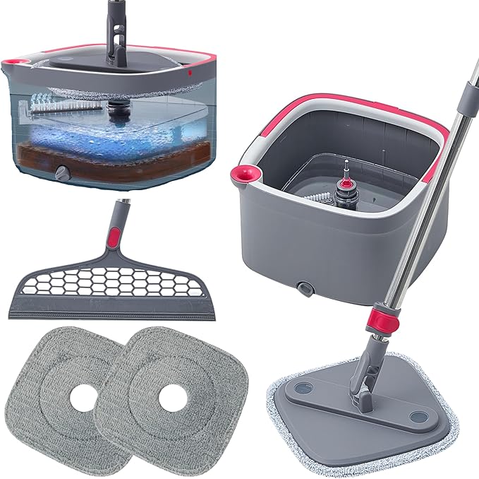 Heavy Duty Square Spin Mop for Floor Cleaning, Separate Compartment for Clean and Dirty Water, Use Any Cleaning Solution, Self Cleaning, Machine Washable Pads