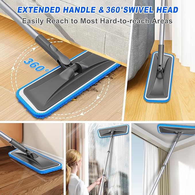 Microfiber Mops for Hardwood Floor Cleaning - BPAWA Flat Floor Mop with 4 Washable Pads for Laminate Wood Tile Vinyl Home Kitchen Bathroom - 59" Adjustable Handle