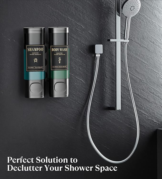 Luxspire Shampoo and Conditioner Dispenser, No Drill Wall Mounted Shower Soap Dispenser 2 Chamber with Waterproof Labels, Easy Refill Soap Dispenser for Bathroom Hotel Kitchen, Gray