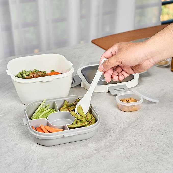 Restaurantware-Bento Tek 57.5 Ounce Bento Box, 1 Reusable Lunch Container - With Fork And Knife, Does Not Contain BPA, White And Gray Plastic Reusable Lunch Box, Microwavable, Dishwashable