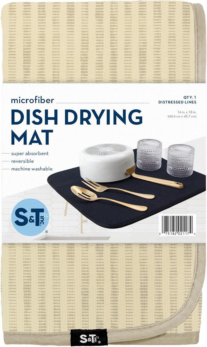 INC. Dish Drying Mat, 16” x 18”, Cream Distressed Lines