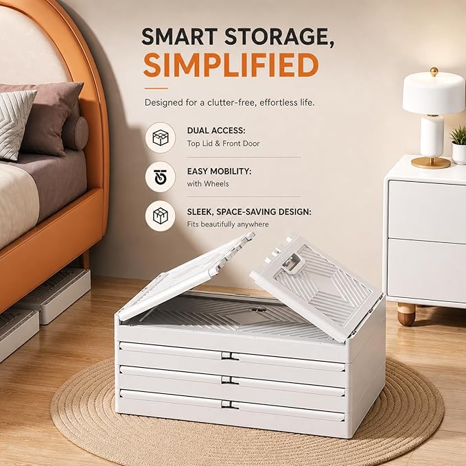 4 Tier Stackable Storage Bins with Wheels, Foldable Storage Organizer with Doors & Lid, Clear Front Plastic Storage Boxes for Clothes, Toys, Books, Closet & Home Organization