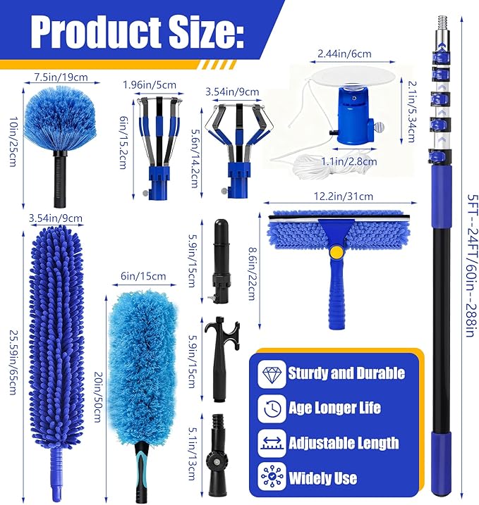 30FT Light Bulb Changer for High Ceilings with 5-24FT Heavy Duty Extension Pole,High Ceiling Fan Duster Extendable Reusable Cobweb,Feather