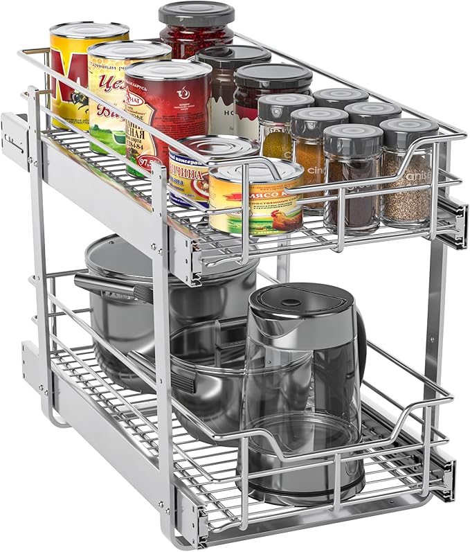 ZOINLIY Pull Out Cabinet Organizer, Versatile Slide Out Kitchen Organizers and Storage,Heavy Duty Drawer Cupboard Storage Basket, Smooth Sliding, Chrome Finish (2-Tiers-11¼''W×22“D)