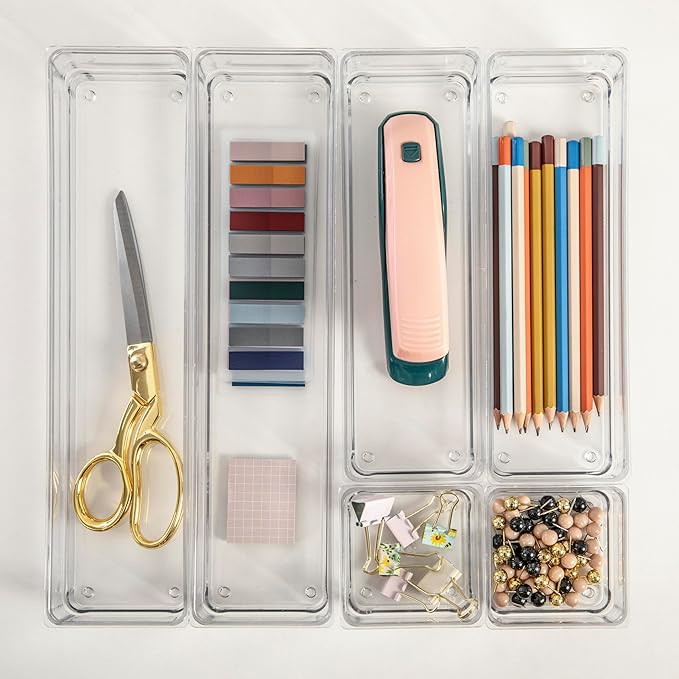 Martha Stewart Miles Plastic Stackable Office Desk Drawer Organizers, Set of 6