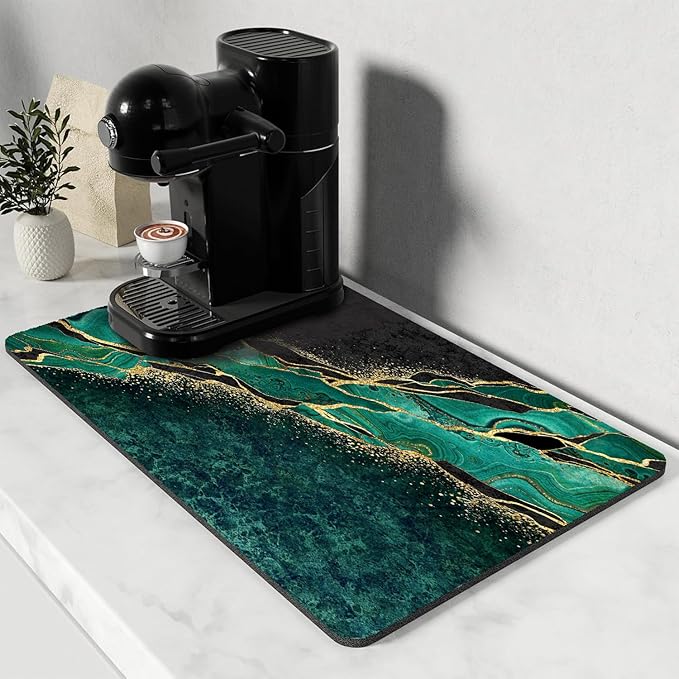 Dish Drying Mat for Kitchen Counter, Green and Gold Marble Washable Absorbent Quick Dry Pad with Rubber Backing, Draining Mat for Dishes Coffee Table, 12" x 20"